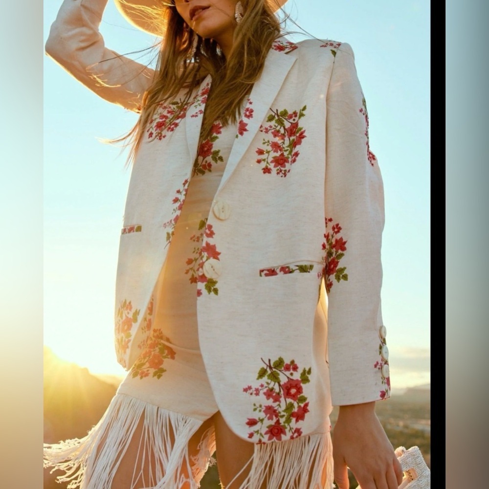 NWT Eddy Amber Beaded Fringe Tie Top and Amber Beaded Blazer Matching Set Size M
